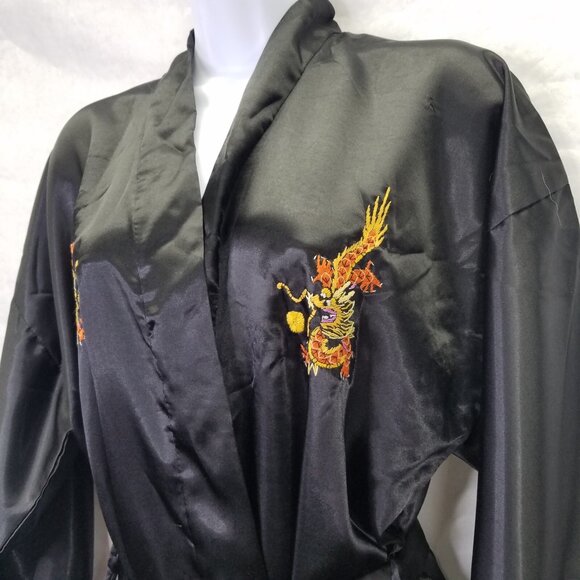Lucky Kimono Bath Robe M Hand Embroidered Chinese Dragon Black Satin Tie Pockets - Picture 6 of 16
